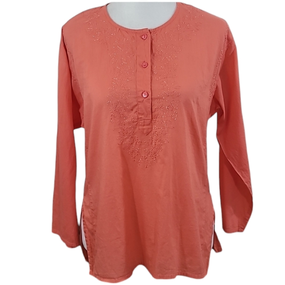 Trina Turk Embroidered Cotton Top Orange Relaxed Fit Size Medium